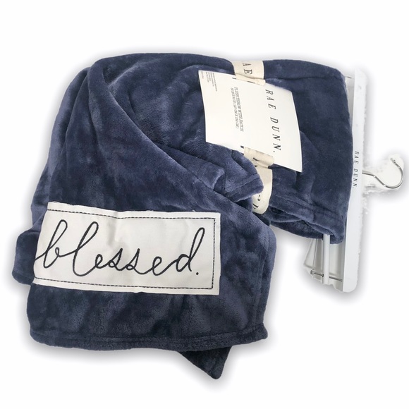 Rae Dunn Dark Blue Blessed Plush Throw Blanket Embroidered Patch NWT New 50"x60"
